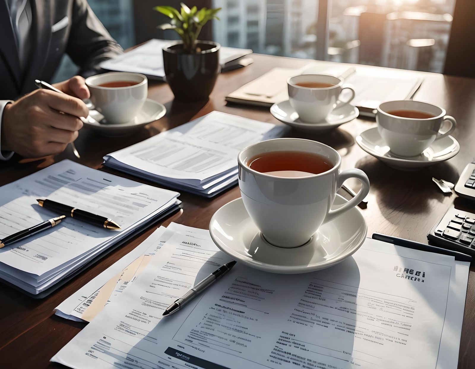 Morning Office Desk with Tea and Financials