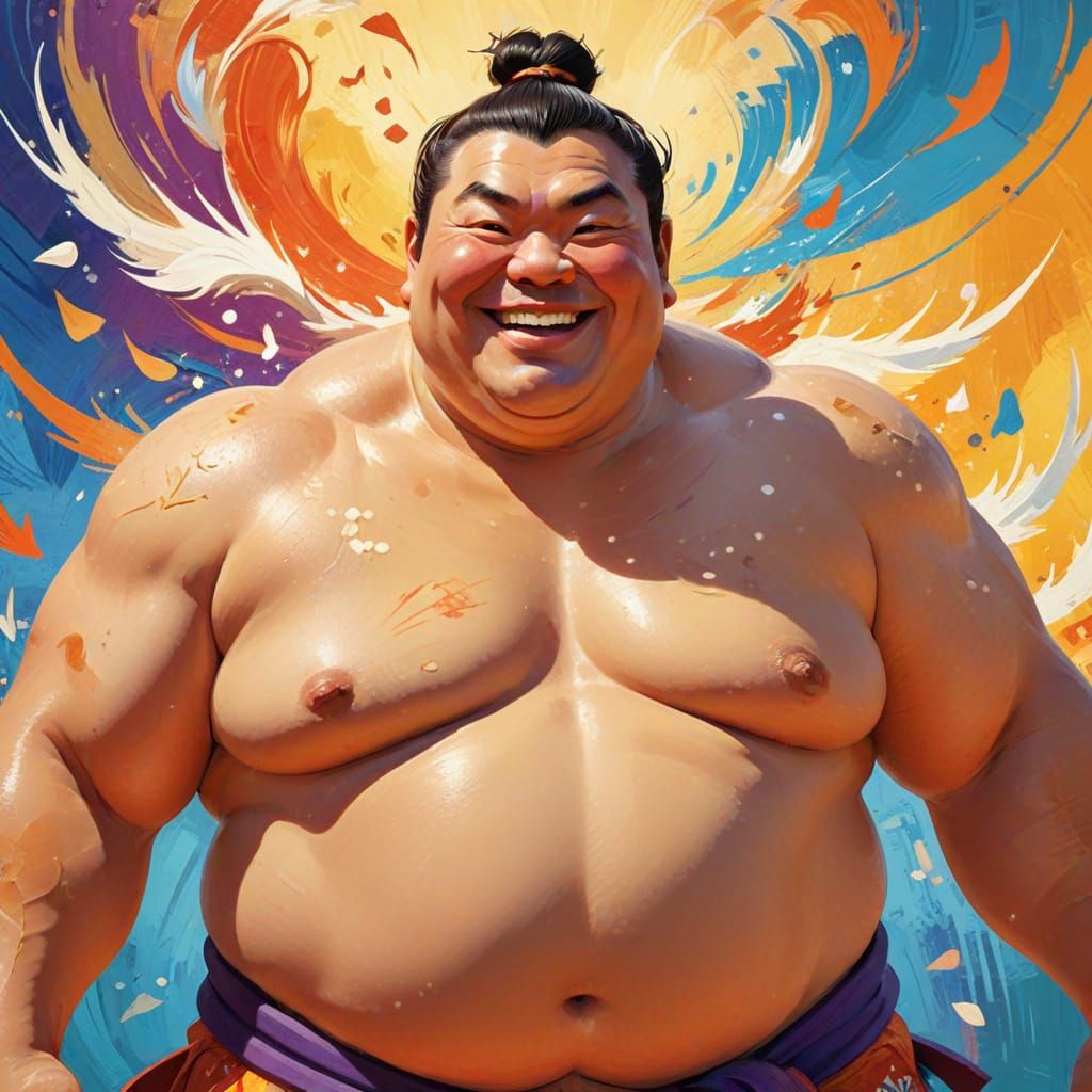 Smiling Sumo Wrestler in Whimsical Digital Painting
