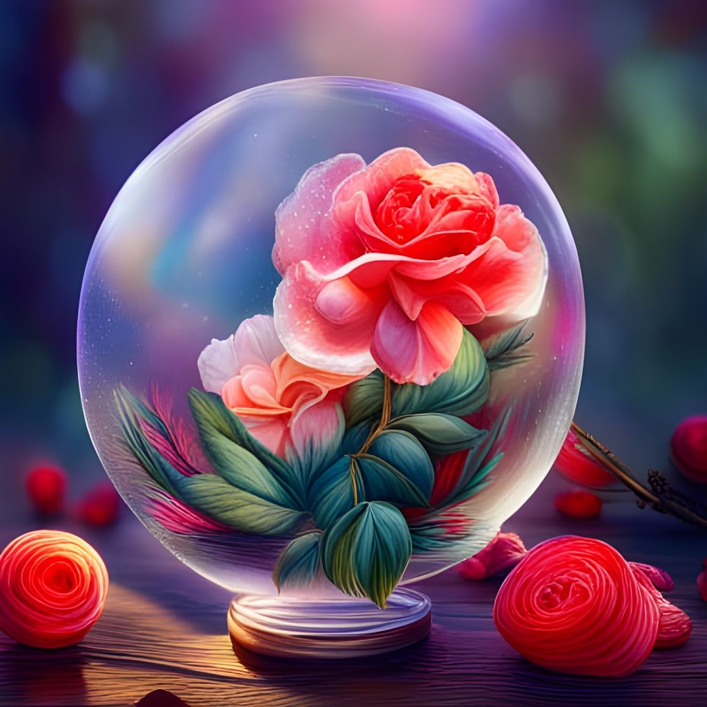 Roses in Glass Globe, Forest Background, Digital Painting