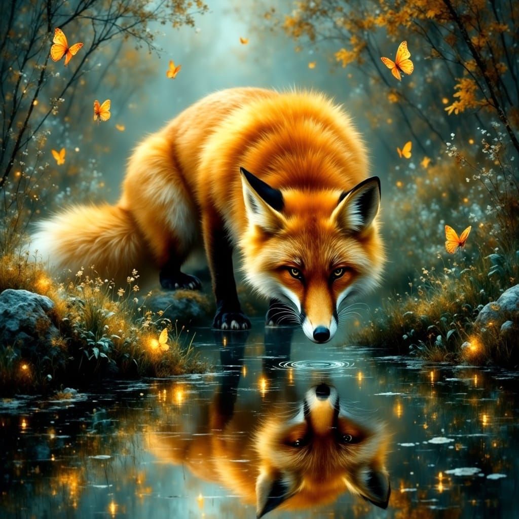 Fox drinking from a stream, ethereal forest