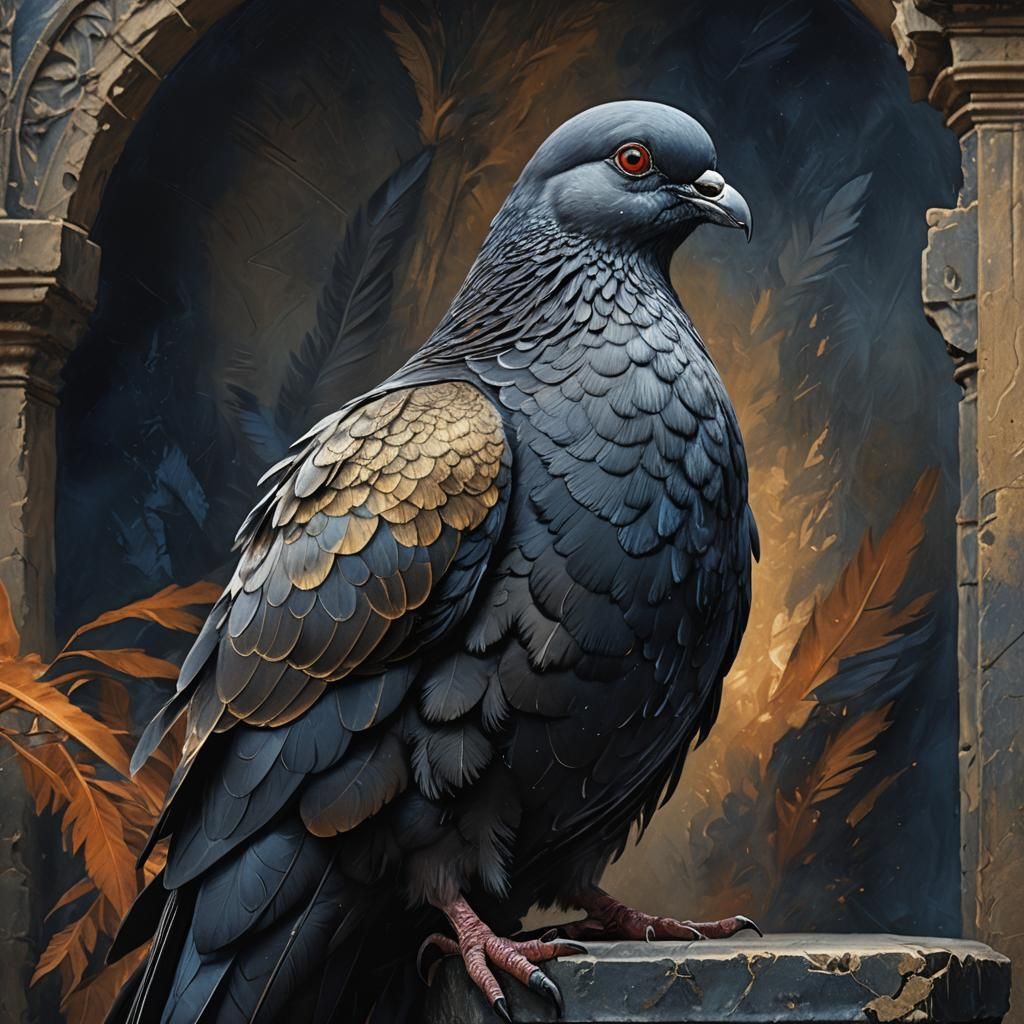 Dark Fantasy Pigeon Portrait on Stone Pedestal