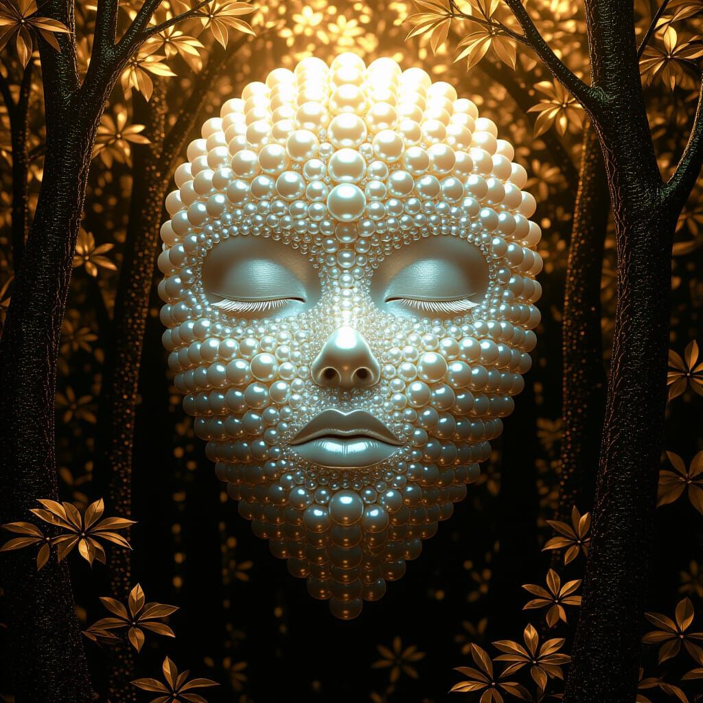 A pearls arranged in the shape of a human face,