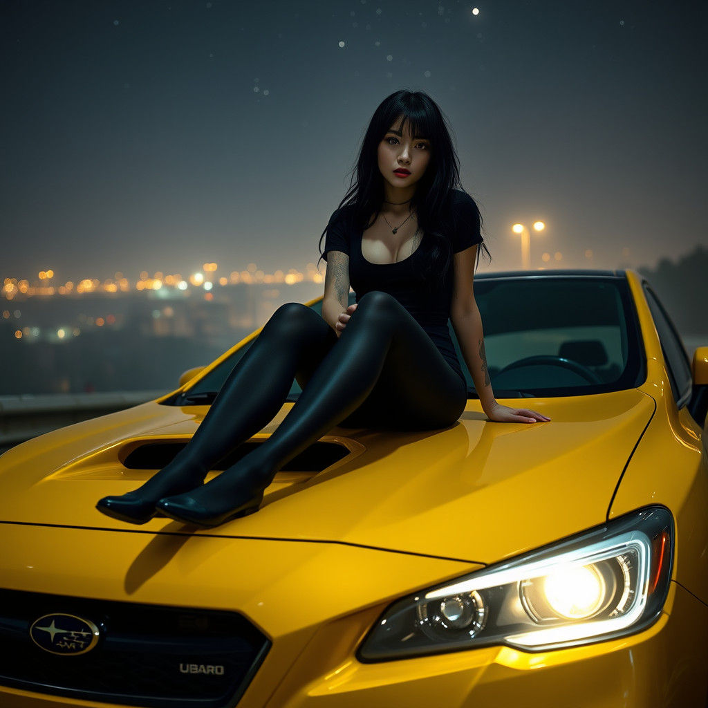 Woman on Canary Yellow Subaru Under Starry Sky