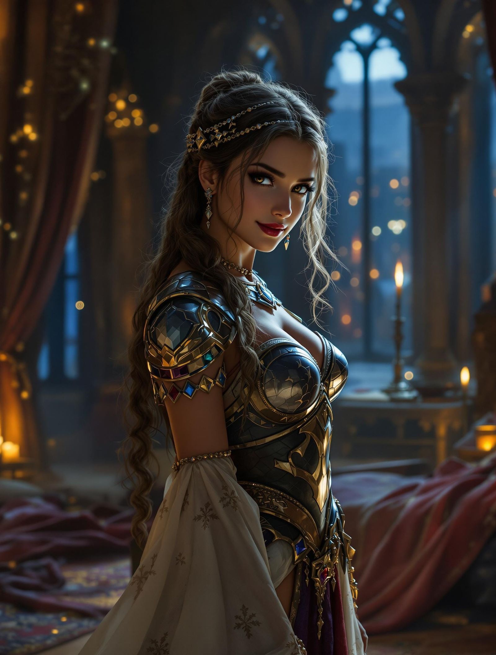 Regal Warrior Princess Basks in Moonlit Palace Chamber