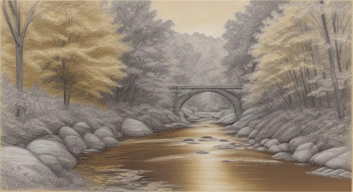 Monochromatic Pencil Sketch of Forest Stream