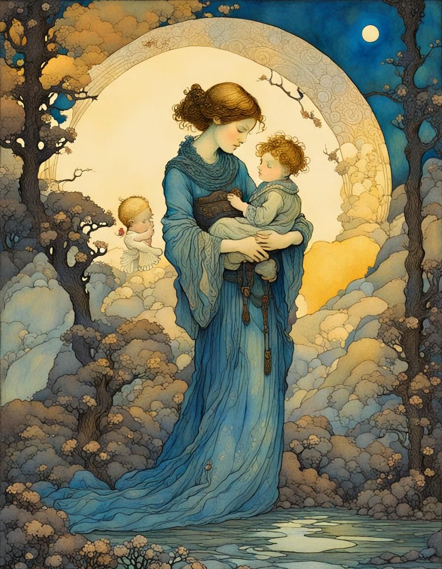 Mother and Child in Fantasy Illustration Style