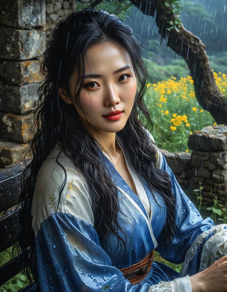 Surreal Watercolor: Korean Woman in Crumbling Building