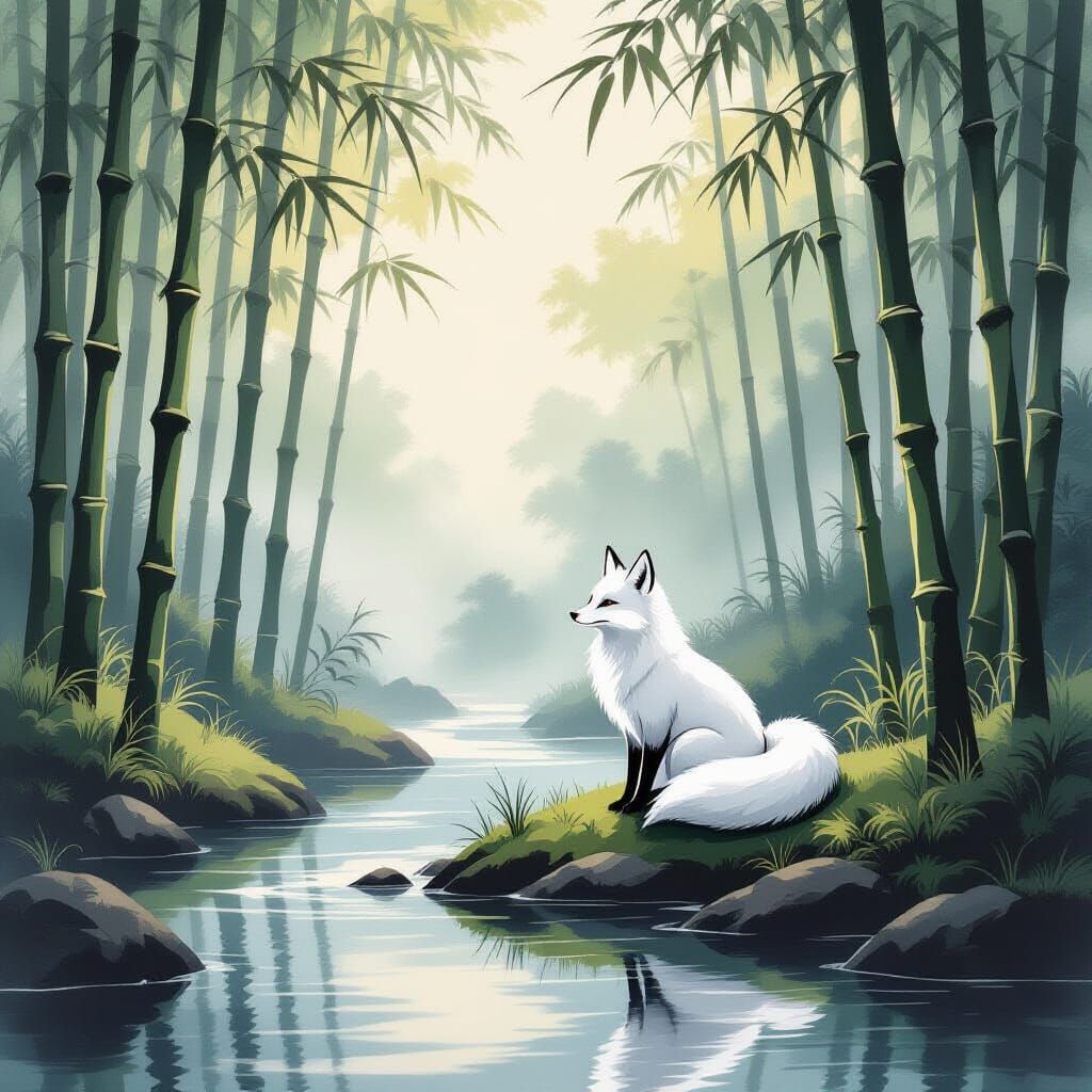 Ancient White Fox in Sumi-e Forest