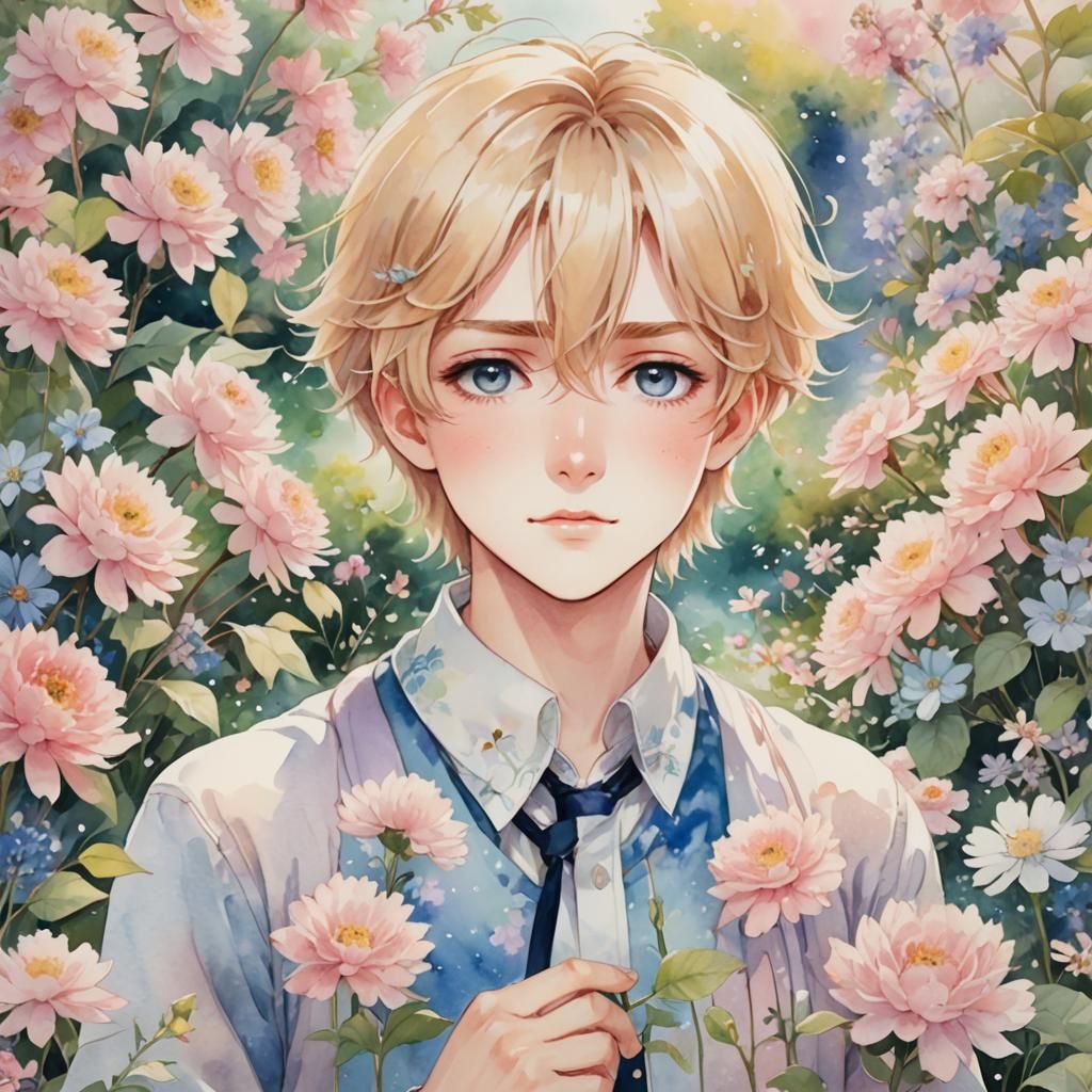 Anime Boy in Garden, Pastel Watercolor Style