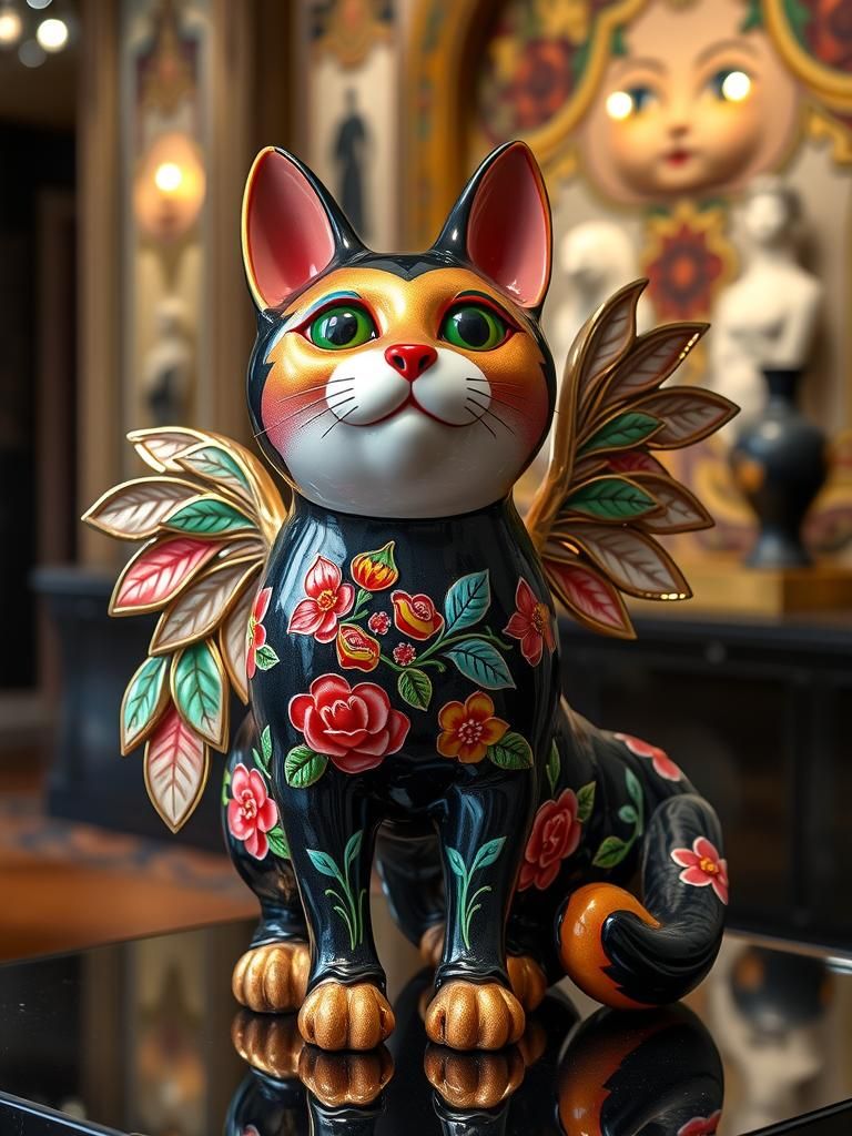 Art Deco Glass Cat Sculpture with Wings