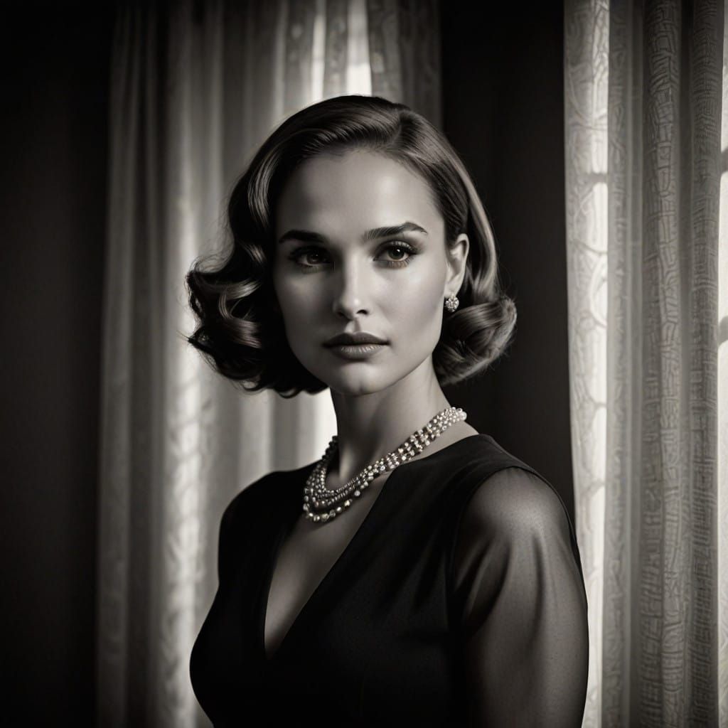 Vintage Glamour Portrait of Natalie Portman in Elegant Black...