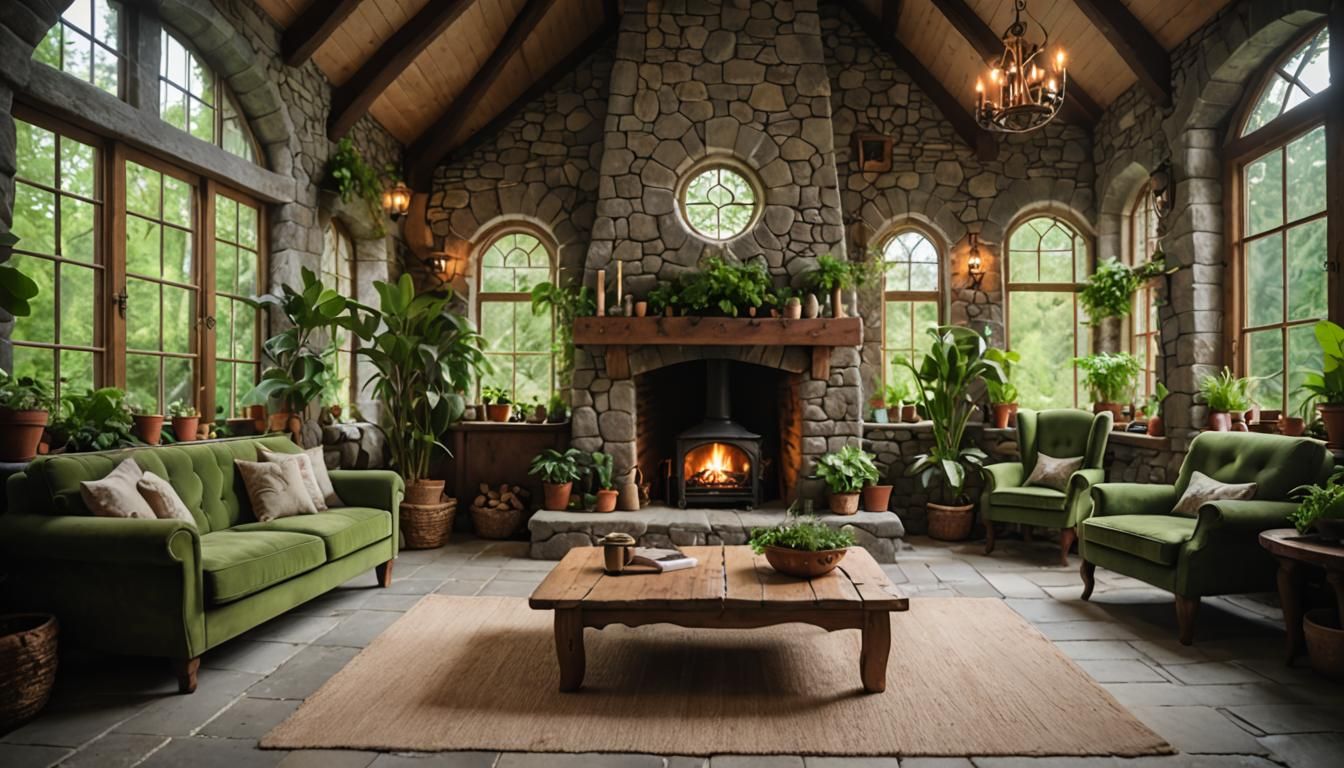 Cozy Elven Living Room with Forest View