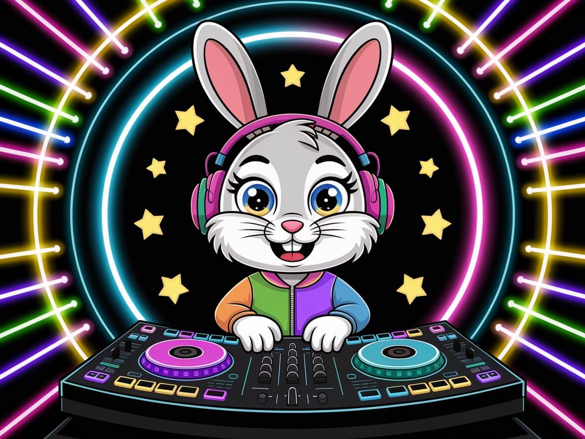 Cartoon Rabbit DJ Mixing Tracks in Neon Galaxy