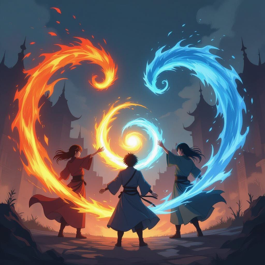 Elemental Mages Defend City in Anime Style