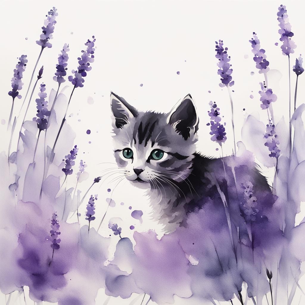 Minimalist Chinese Ink Painting of Kitten in Garden