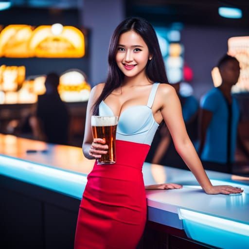 Smiling Asian Woman in Blue Shirt Holding Beer