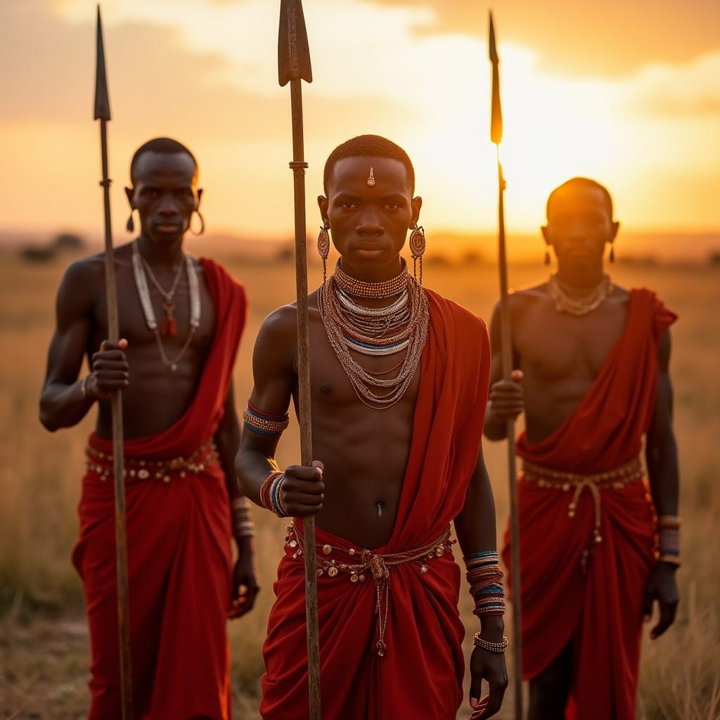 Maasai Warriors on the Savannah at Sunset