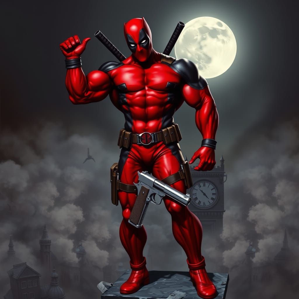 Deadpool in Dark Realism Style, Red Attire, and White Eyes