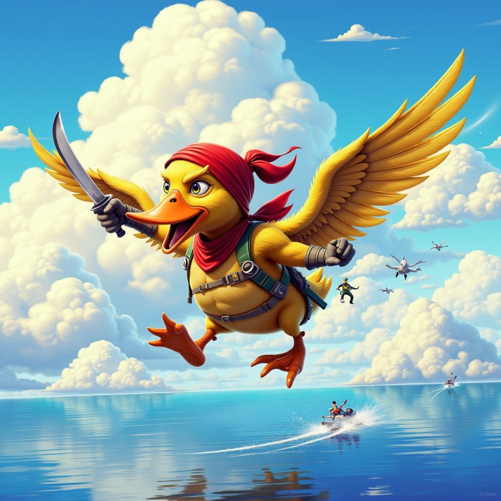 Rambo Duck Runs on Holographic Clouds Over Lake