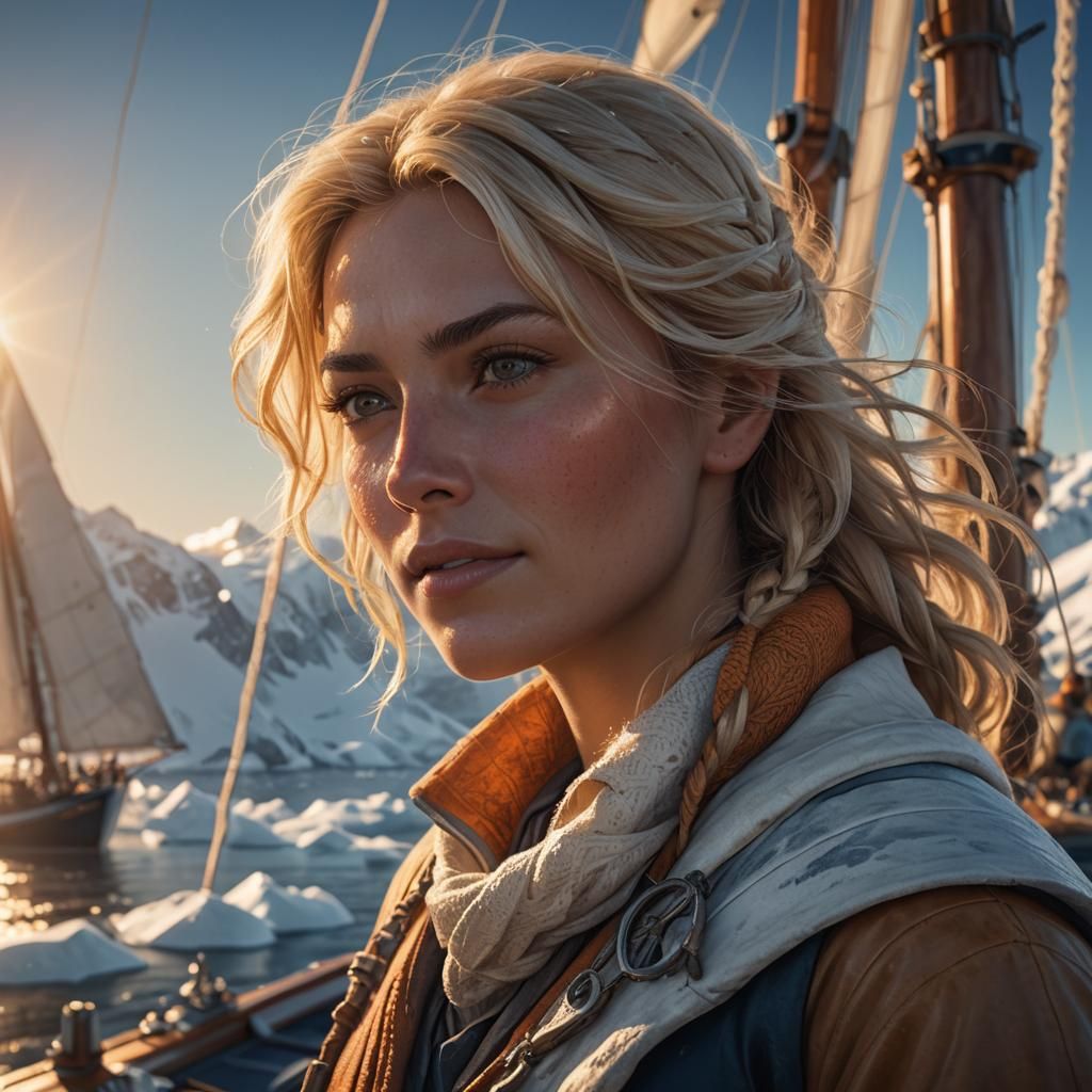 Blonde Woman on Sailboat in Antarctica, Digital Art