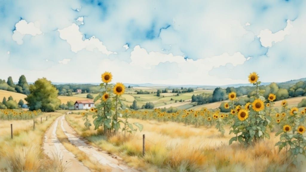 Sunflower Field Watercolor in Comic Book Style