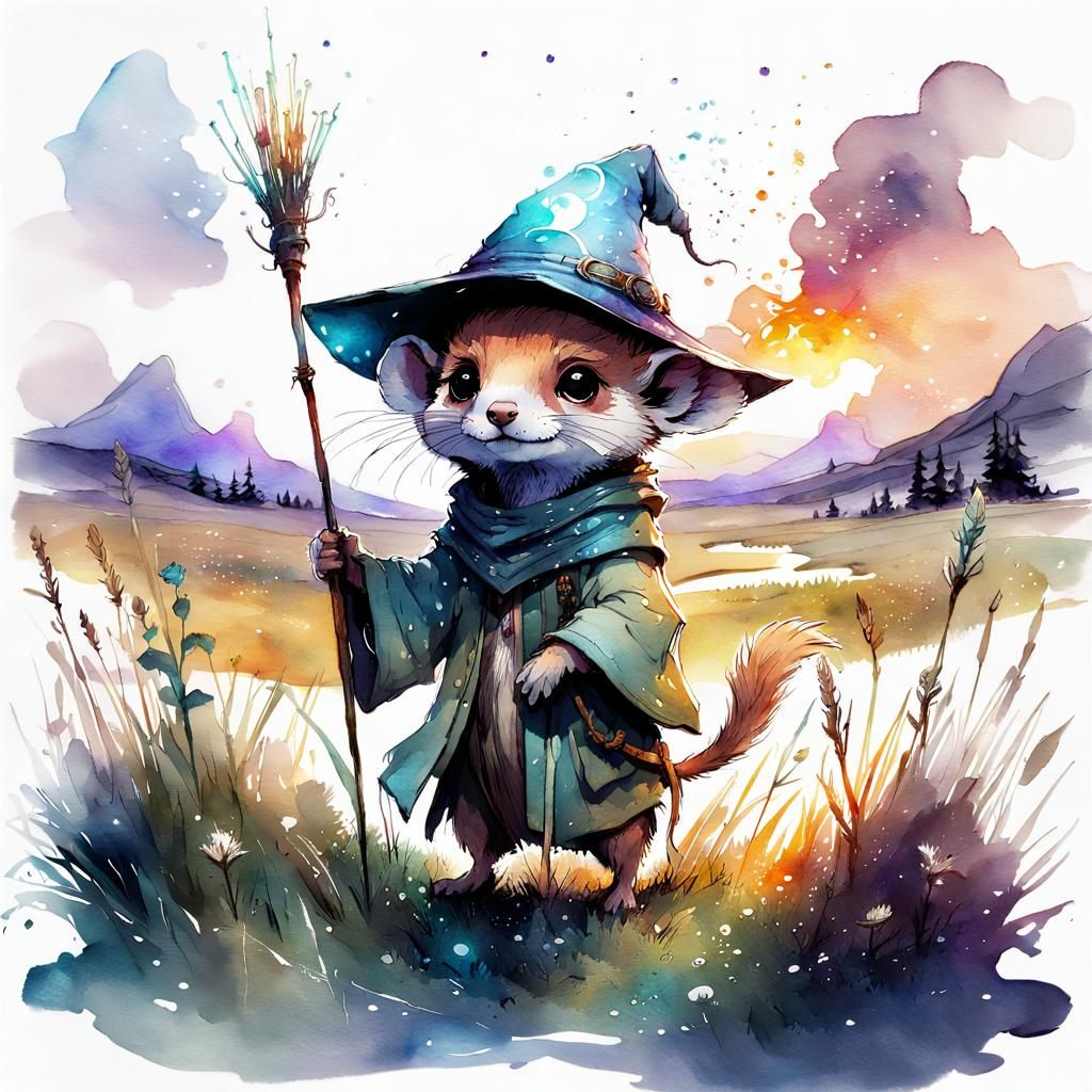 Cute Chibi Weasel Wizard in Meadow at Night