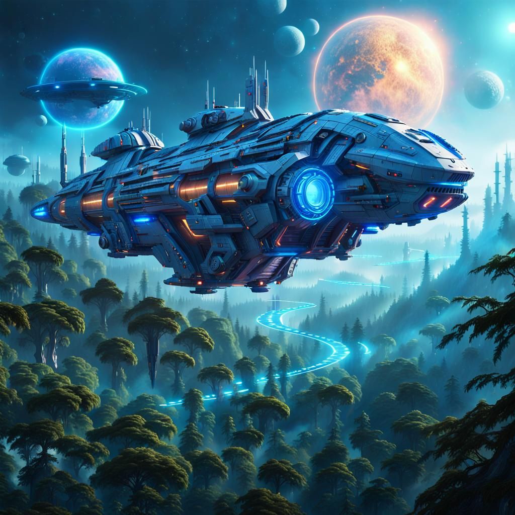 Futuristic Spaceship over Alien Planet in Neon Sci-Fi