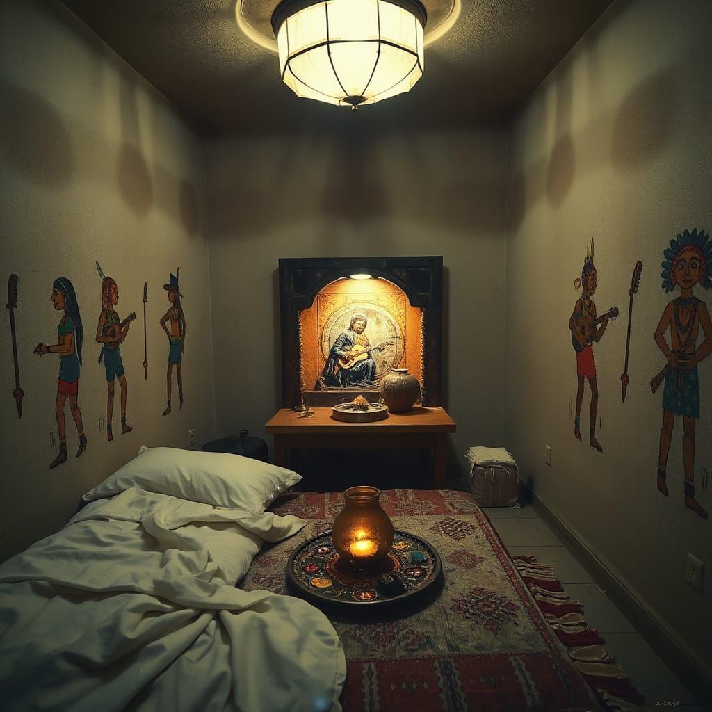 Ancient Shrine and Vibrant Tribal Markings in a Futuristic S...