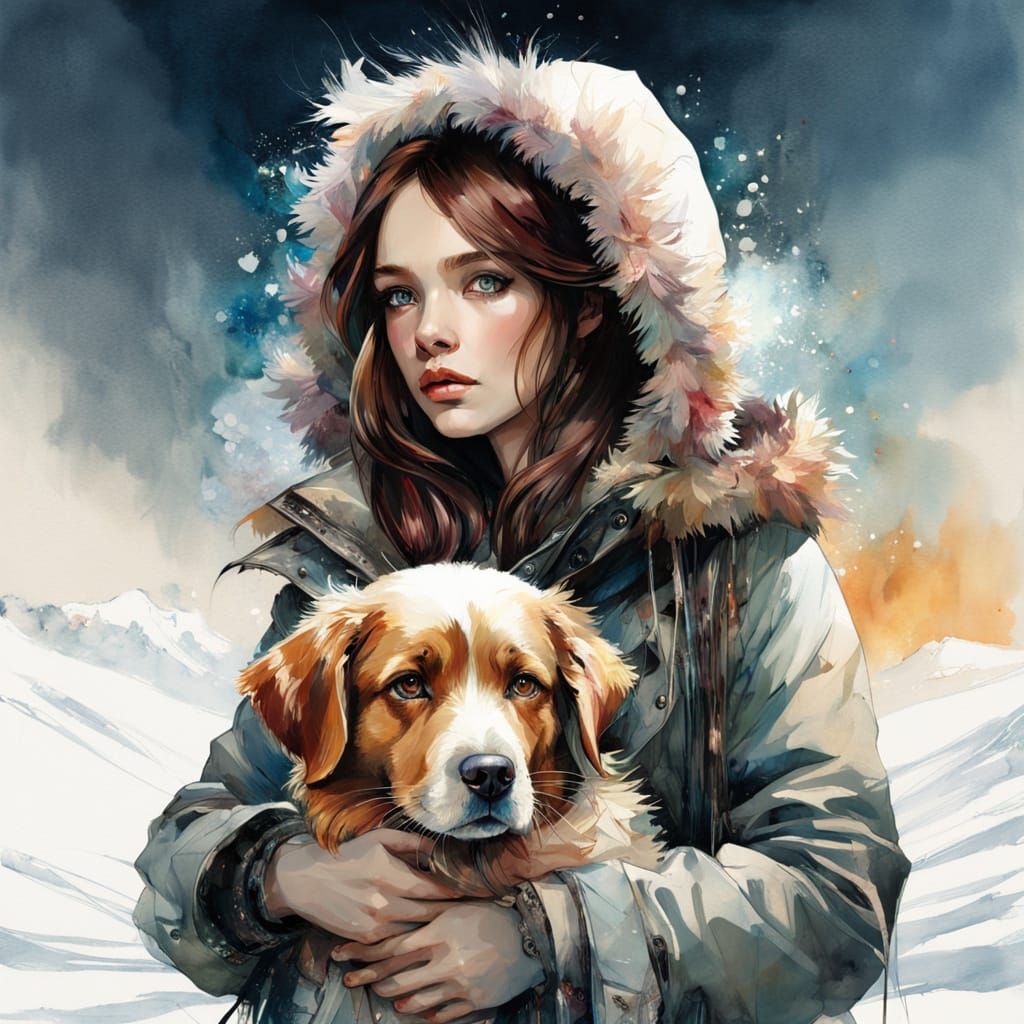 Woman and Dog in Snowy Watercolor Landscape