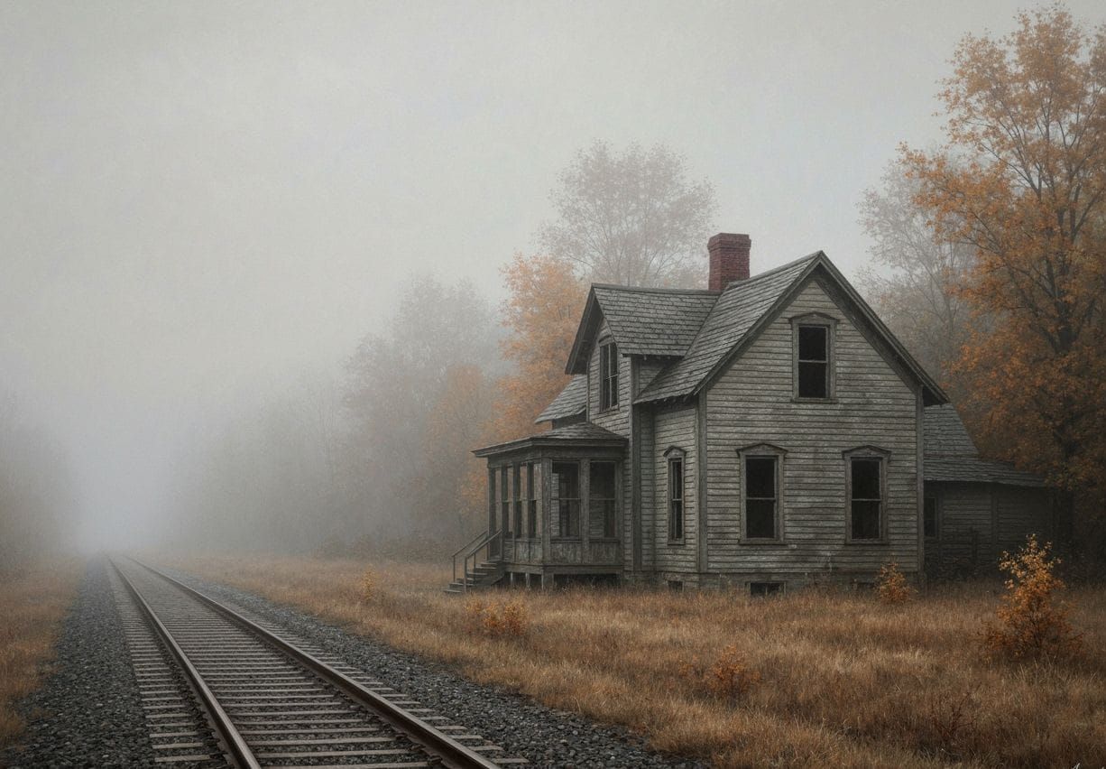 Abandoned House Oil Painting on Train Tracks