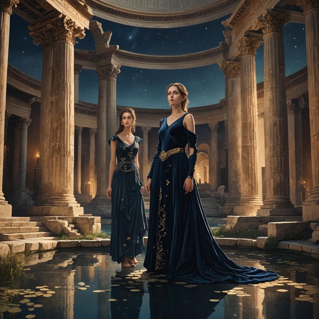 Woman in Velvet Dress at Greek Pantheon