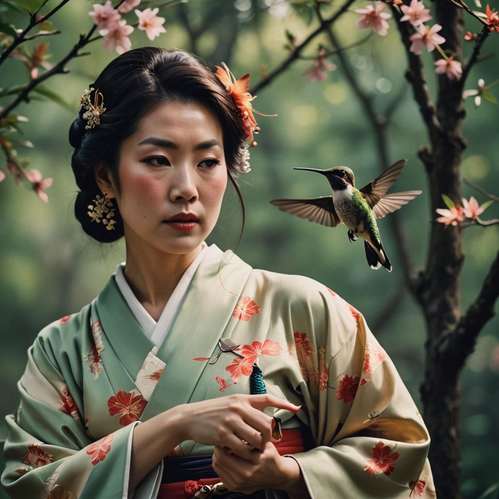 Elegant Japanese Woman Surrounded by Whimsical Hummingbird