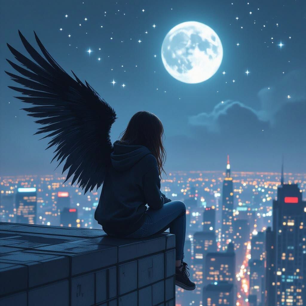 Winged Girl Gazing at City Lights: Atmospheric Digital Art