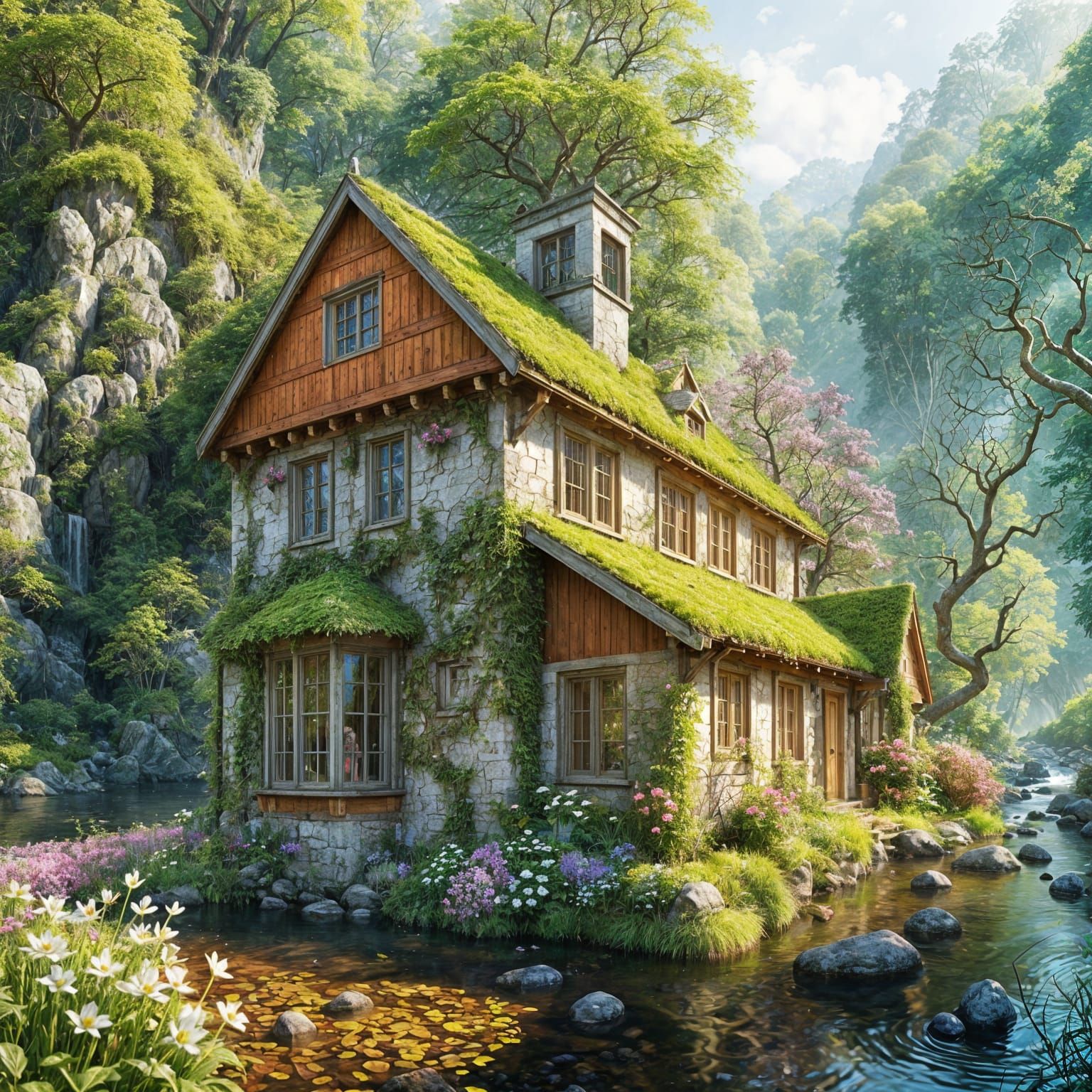 Lush Forest Scene with Exotic Animals, Haeckel Style