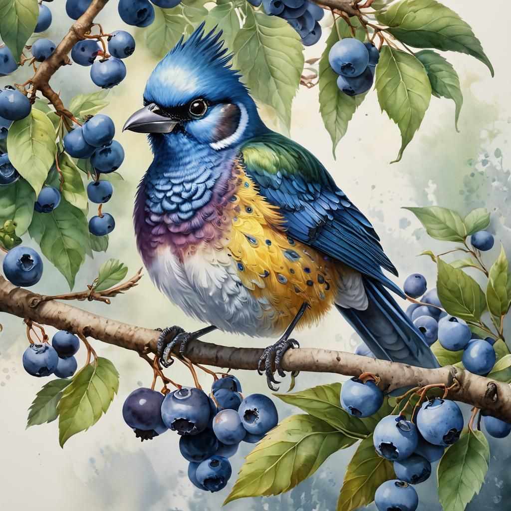 Vibrant Bird on Blueberry Branch Watercolor Painting