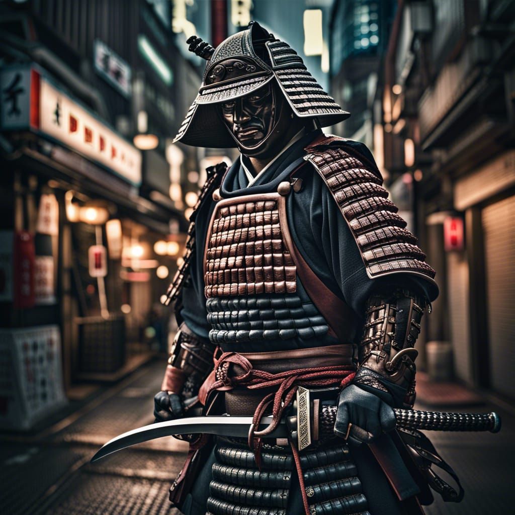 Samurai Crime Fighter in Hyperrealistic Tokyo Scene
