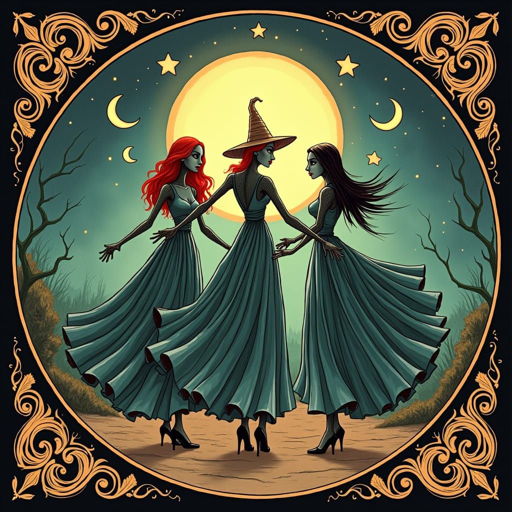 Intricately designed art nouveau motif borders with sinuous lines, organic forms, and flowing curves, surround a circula...