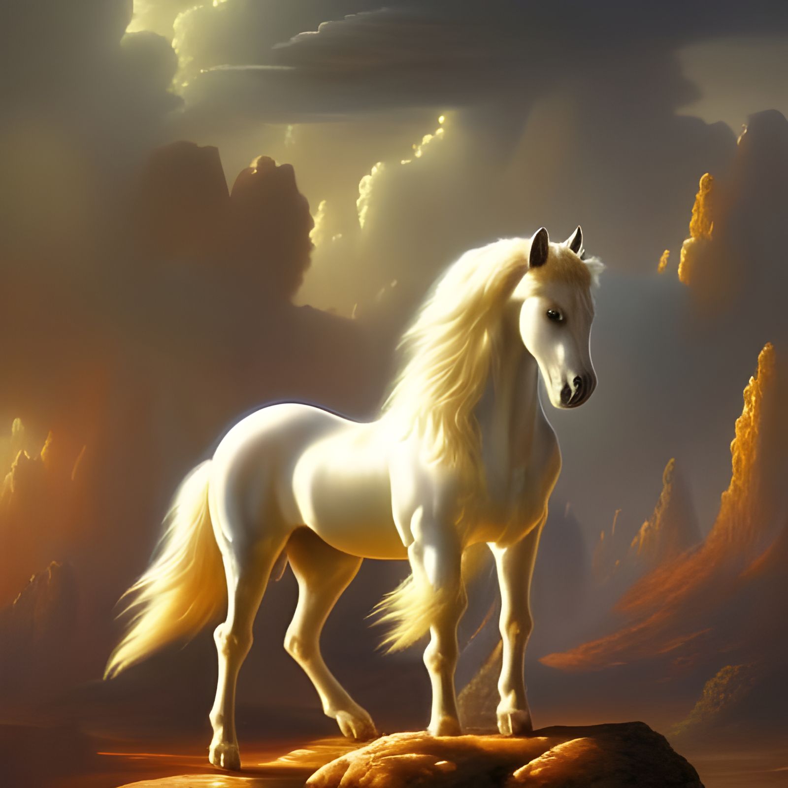 Majestic White Horse in Mountain Sunset, Hyperdetailed Art