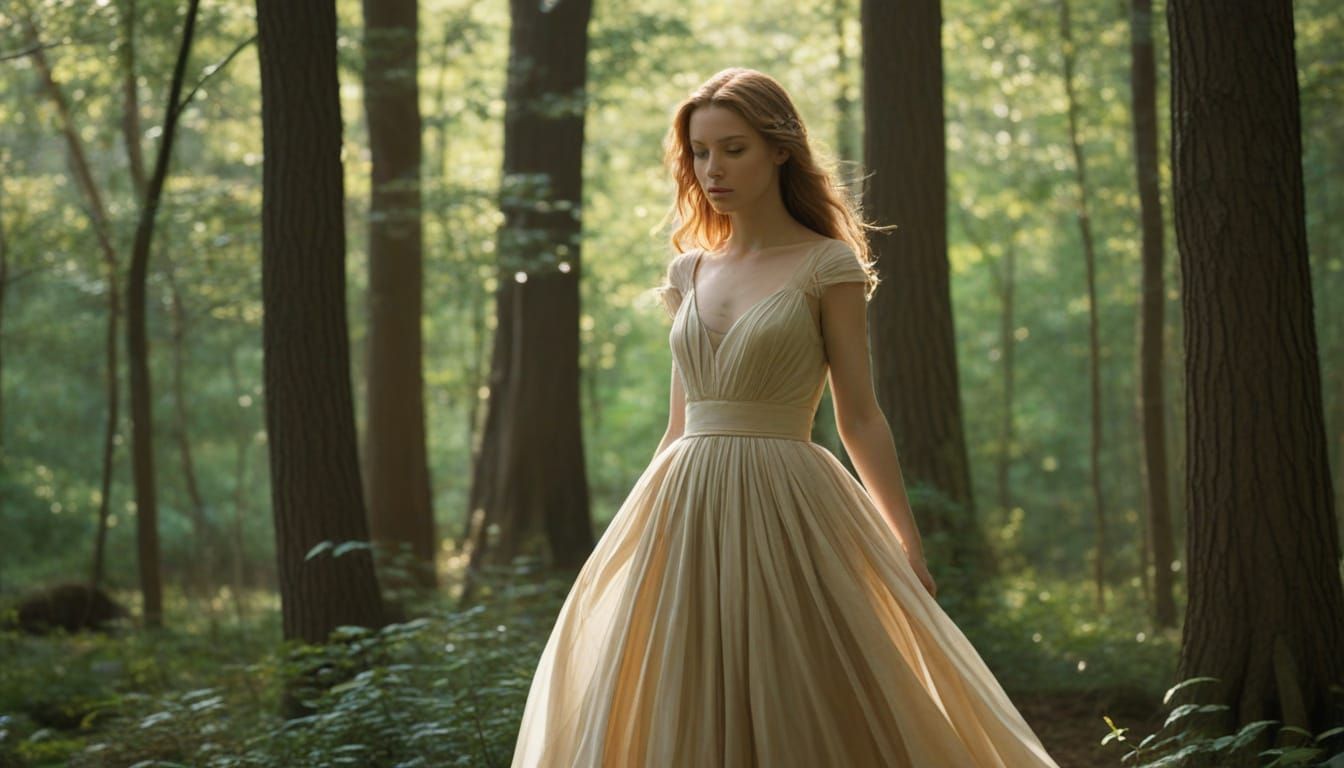 Romantic Realism Masterpiece of a Woman in a Serene Forest