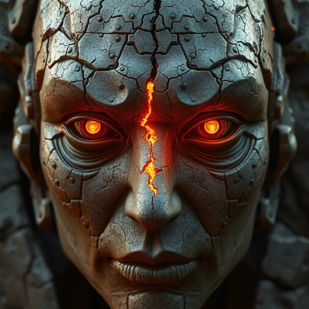 Stone Face with Diamond Eyes in Sci-Fi Style