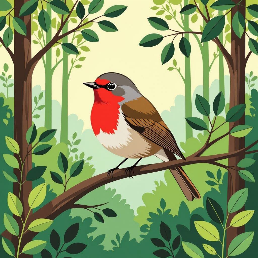 Robin in Forest, Geometric Style of Charley Harper