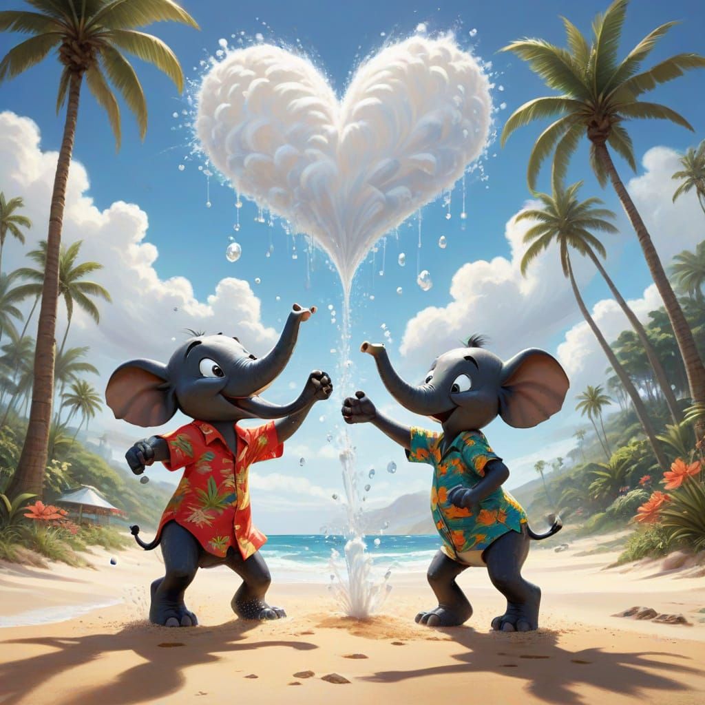 Vibrant Cartoon Elephants Create Heart-Shaped Splash on Sunn...