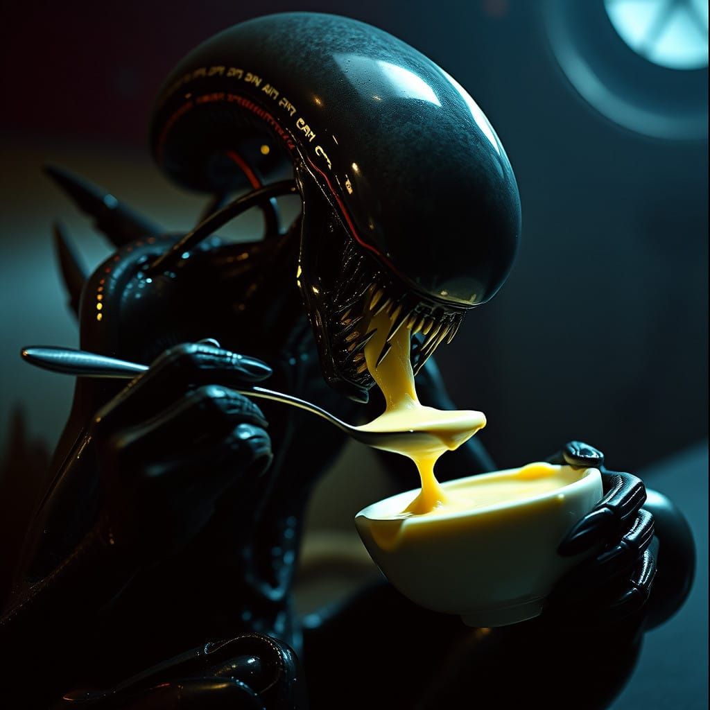 Xenomorph Devours Evil Creamy Pudding in Dark, Atmospheric S...