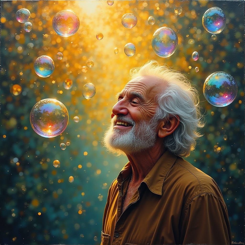 Serene Elderly Man Surrounded by Whimsical Iridescent Bubble...