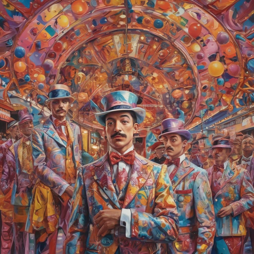 Surrealist Carnival workers , carnies working on a fair as w...