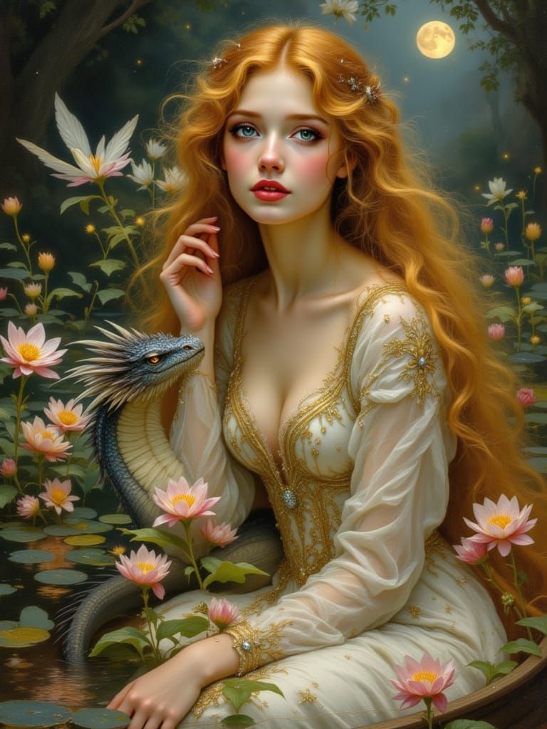 Beautiful Medieval Woman with Dragon in Pre-Raphaelite Style