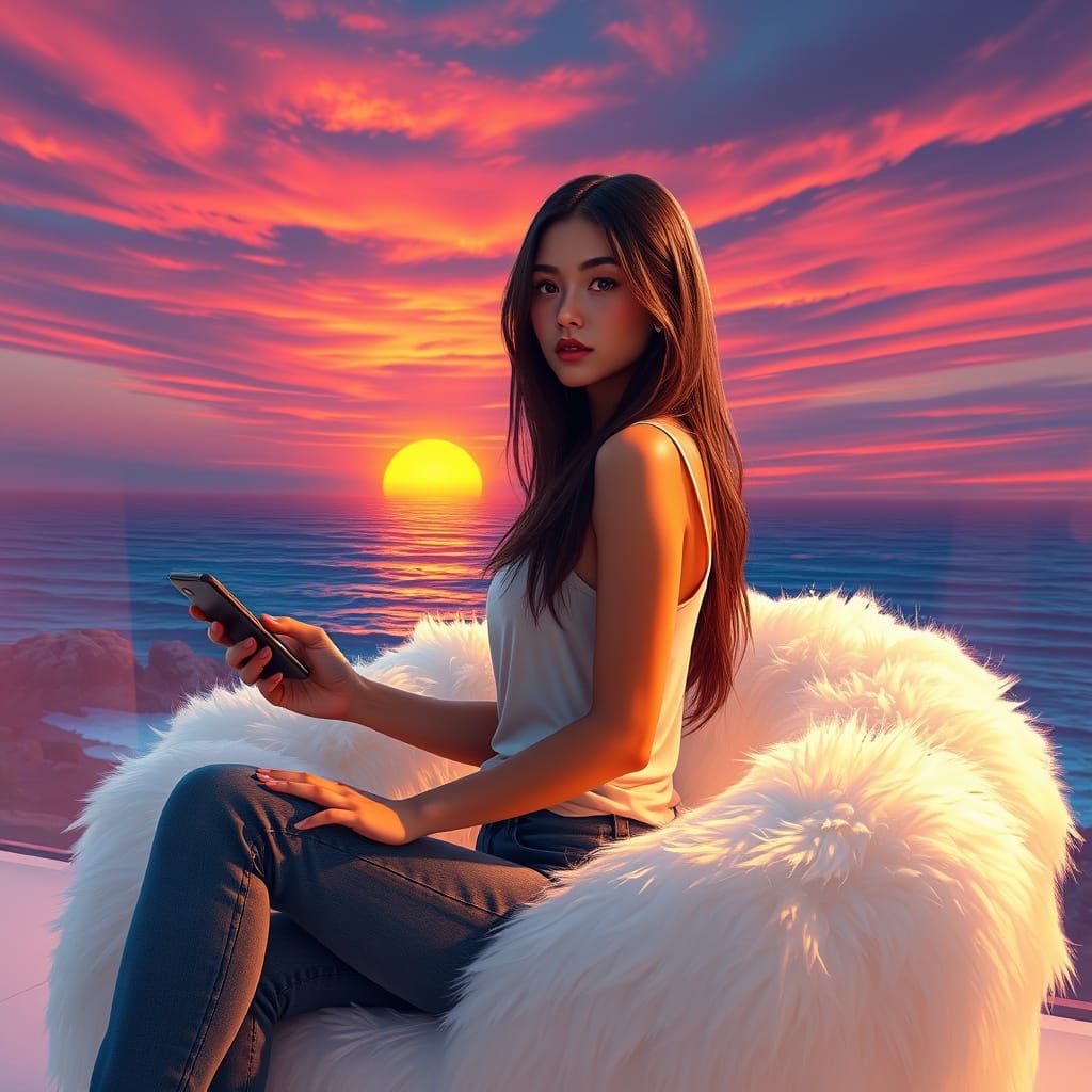 Hyperrealistic Woman Enjoys Ocean Sunset in Futuristic Style