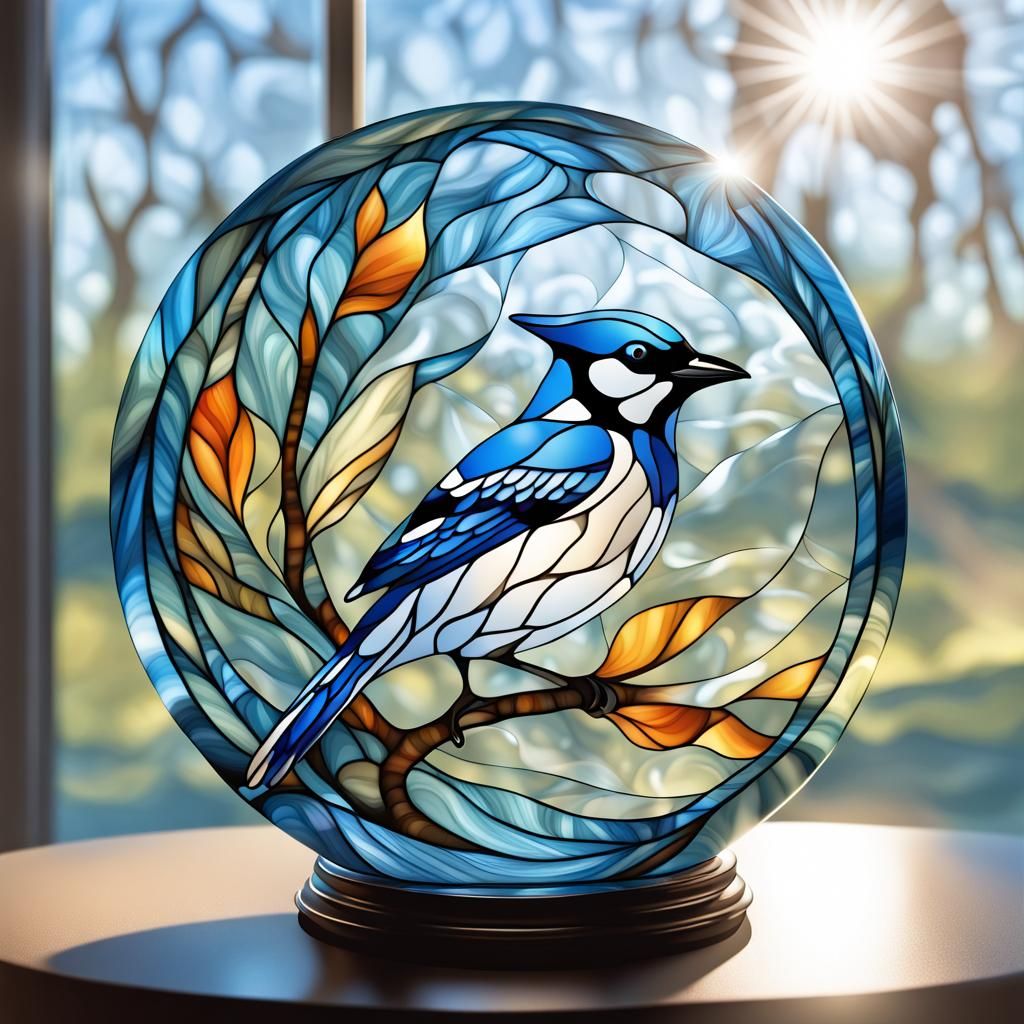 Playful Blue Jay Stained Glass Sculpture