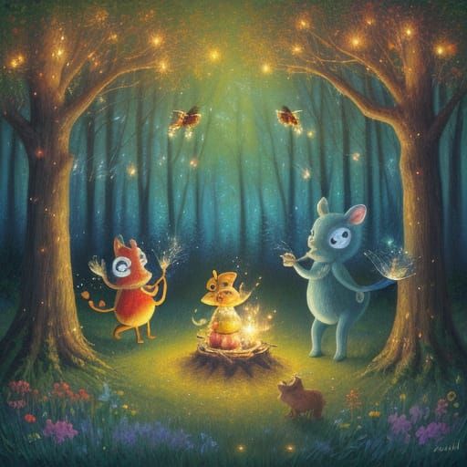 Woodland Creatures Celebrate in Enchanted Forest Clearing
