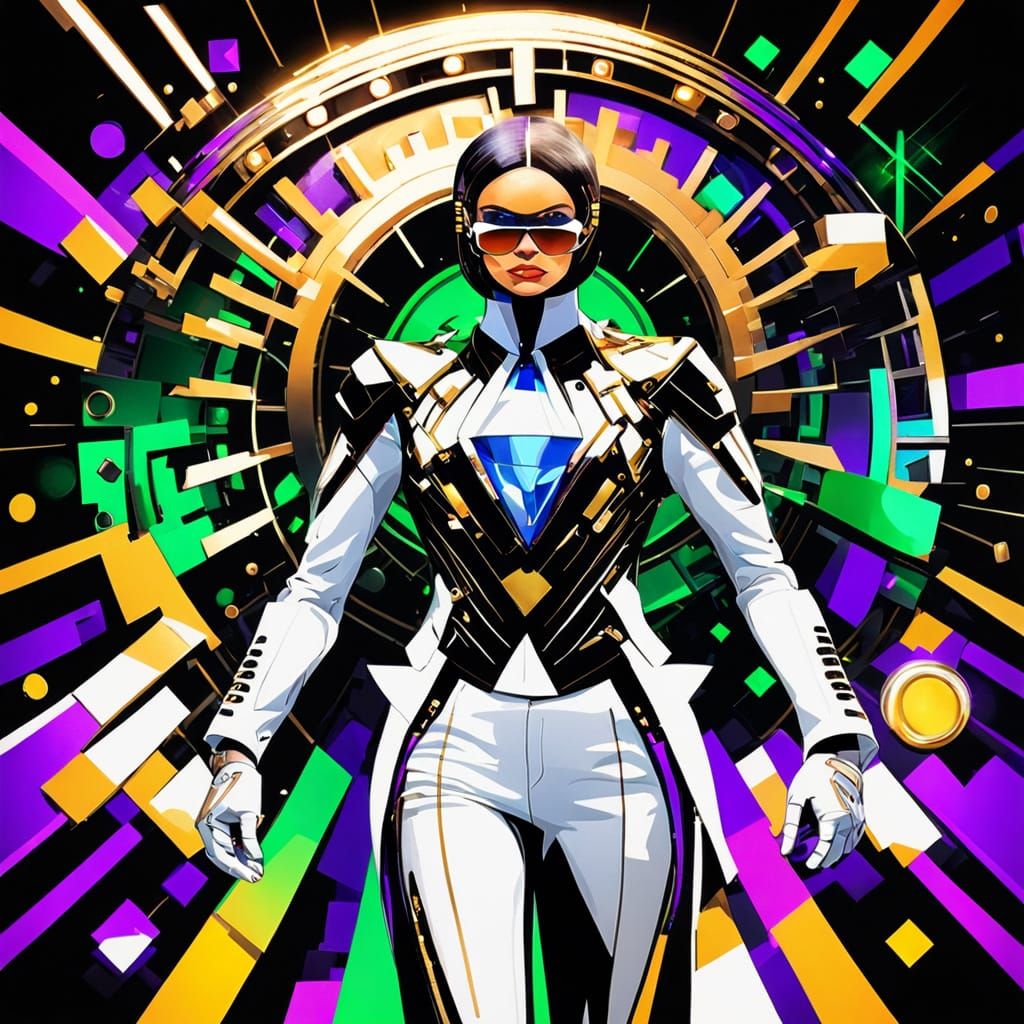 Woman in White Suit with Neon Lights and Gold Dust